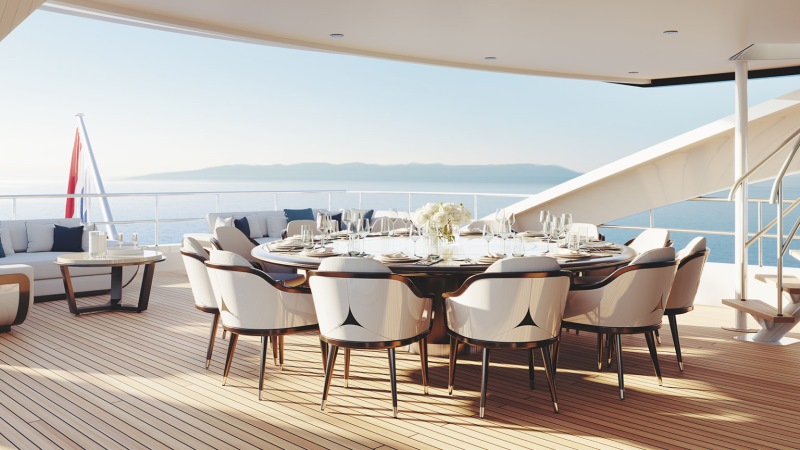 bridgedeck de iate de luxo com área externa para convivência e vista privilegiada do mar