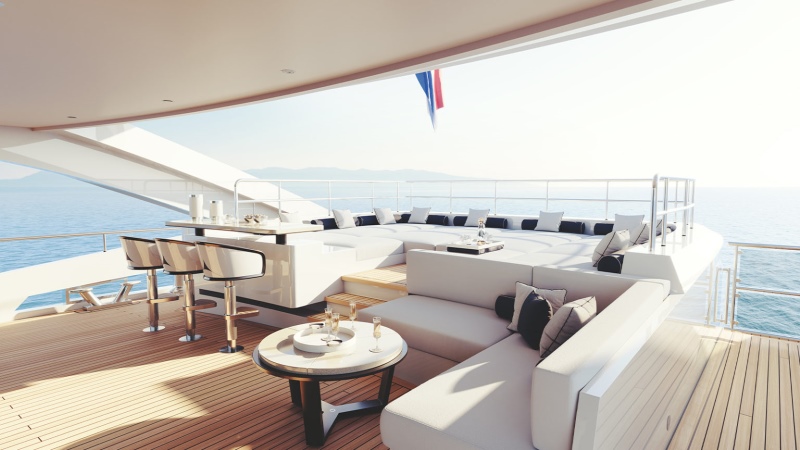 main deck de iate de luxo com área social integrada e design contemporâneo Heesen Project Sophia