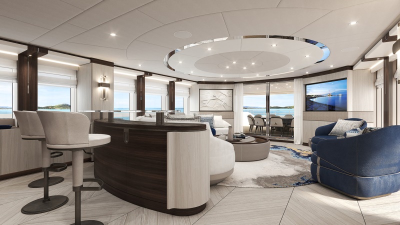 skylounge de iate de luxo Heesen com ambiente elegante e vista panorâmica para o mar