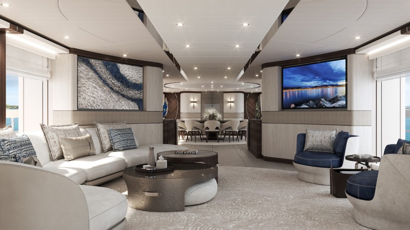 salão principal de iate de luxo com design sofisticado amplas janelas e interiores assinados