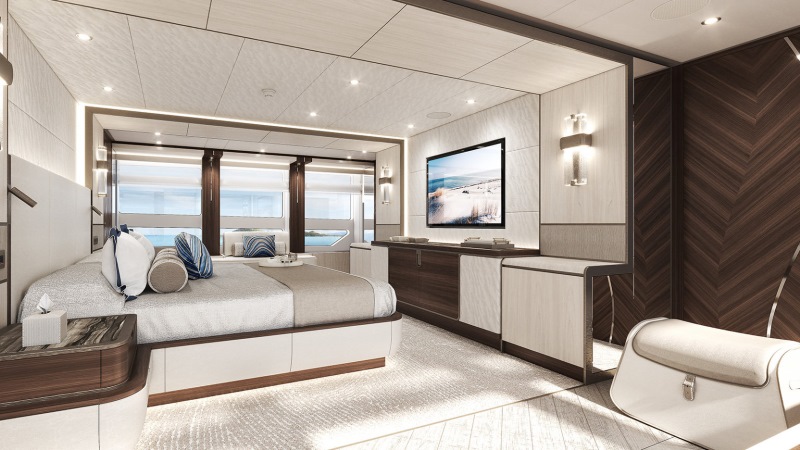 suíte master de iate de luxo com amplo espaço iluminação natural e acabamento sofisticado