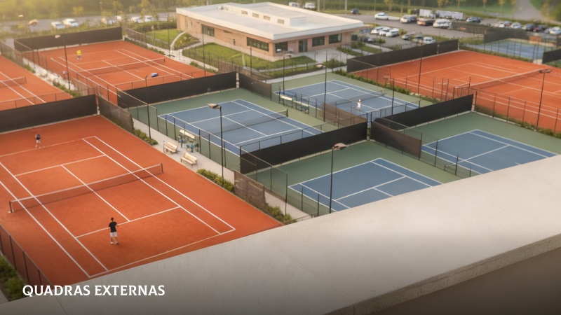 Quadras de tênis do Galacticos House com superfícies hard court e saibro de padrão internacional