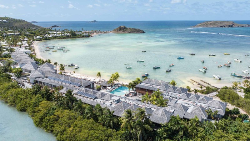 Hotel de luxo em St Barths com vista aérea para o mar no Caribe