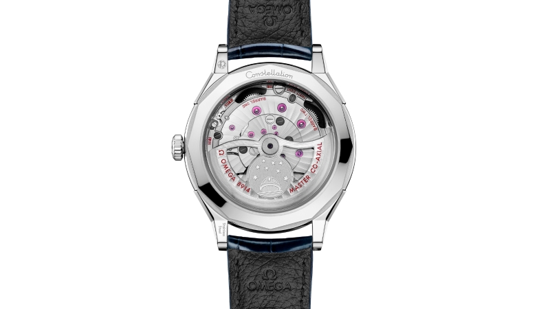 Relógio Omega Constellation Observatory O-MEGASTEEL com índices facetados.