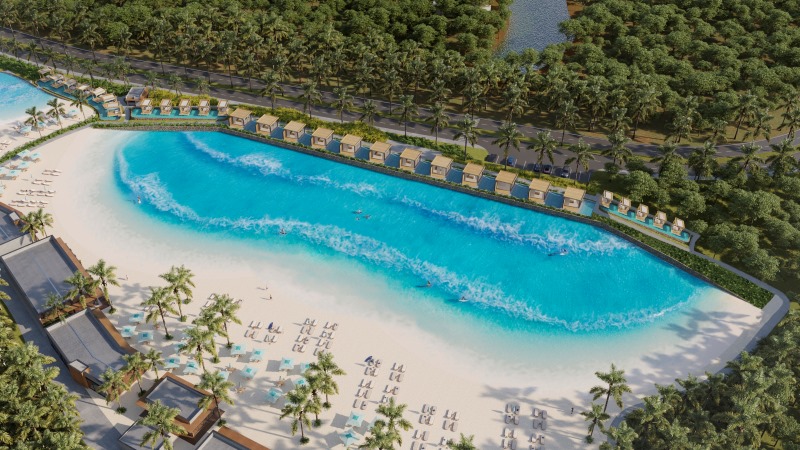 Piscina de ondas para prática de surfe no Reserva Beach Club em Alphaville