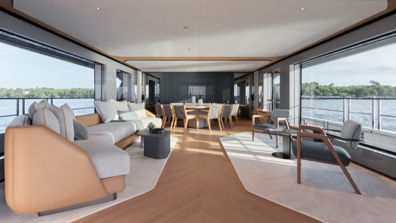 Salão principal da Azimut Grande 30 Metri com decoração sofisticada e design italiano