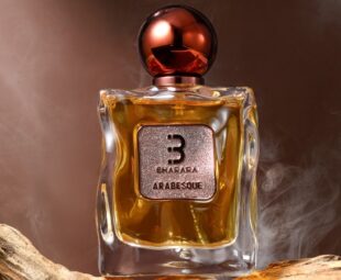 Frasco do perfume Bharara Arabesque com design luxuoso em estética oriental gourmand