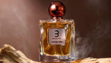 Frasco do perfume Bharara Arabesque com design luxuoso em estética oriental gourmand