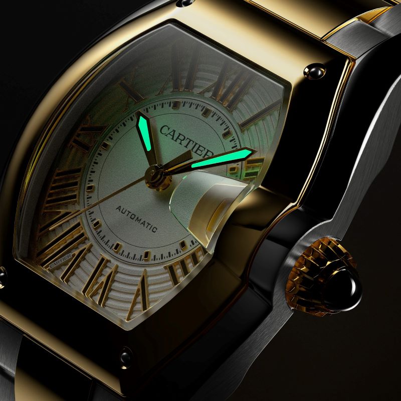 Mostrador do Cartier Roadster iluminado com Super-LumiNova® verde