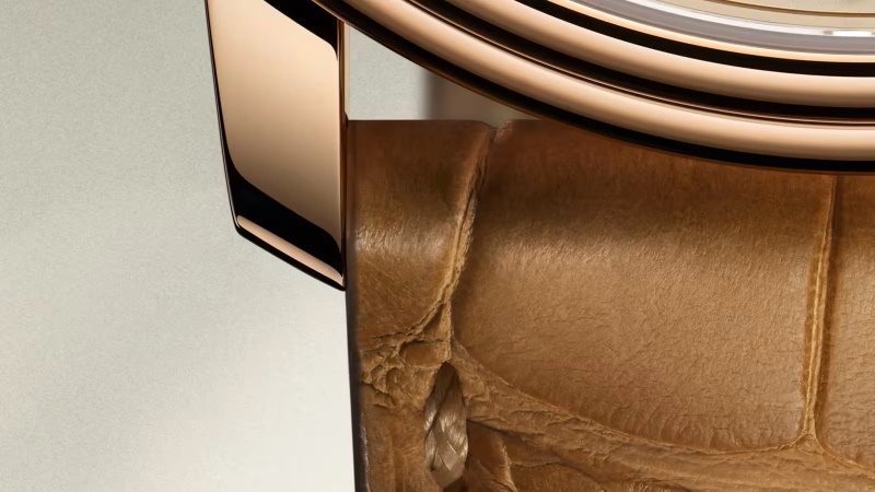 Detalhe da pulseira de couro e caixa em ouro vermelho do Blancpain Villeret Quantième Complet