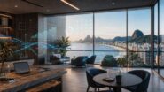 Sala com vista para o mar e elementos digitais representando inteligência artificial no mercado imobiliário de luxo