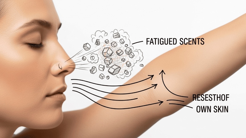 Imagem conceitual sobre fadiga olfativa e saturação sensorial causada pelo excesso de perfumes