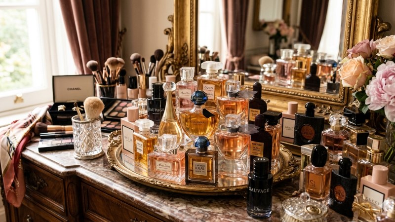 Coleção de perfumes sobre cômoda clássica representando luxo e perfumaria contemporânea
