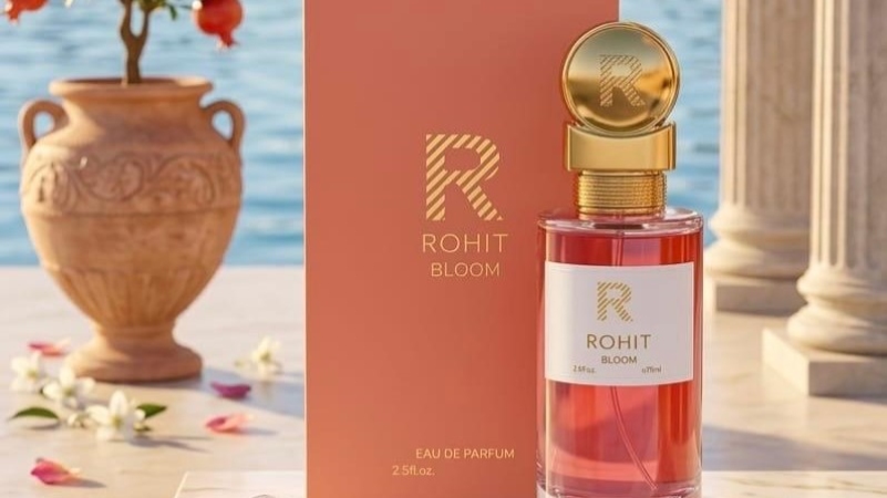 Frasco do perfume Rohit Bloom com design floral suave e feminino