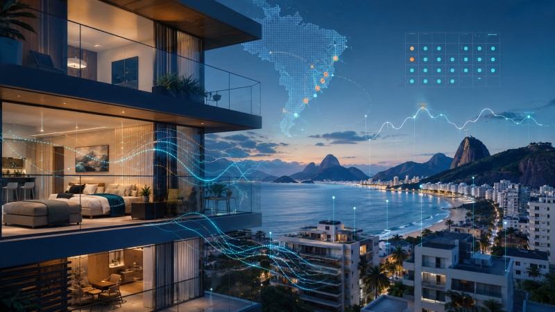 Fachada de edifício de luxo com elementos digitais representando transformação tecnológica no mercado imobiliário