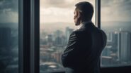 CEO observa o skyline da cidade de seu escritório enquanto a autoridade digital se torna um ativo estratégico no valuation empresarial