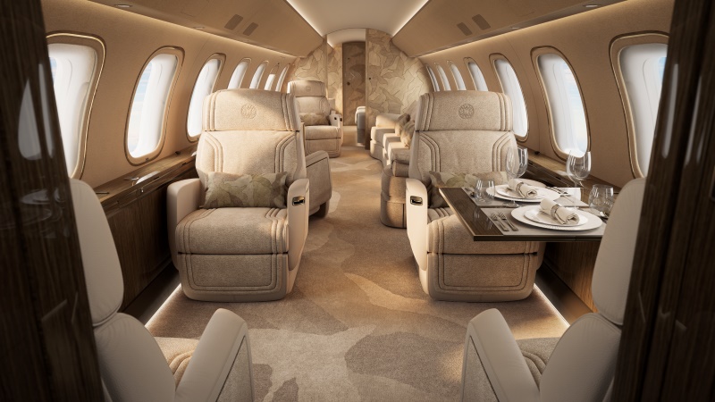 Cabine do Bombardier Global 8000 desenvolvida em parceria com Elie Saab para a aviação executiva de luxo