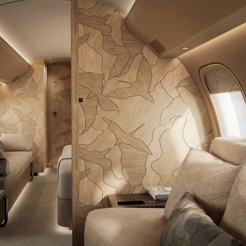 Detalhe decorativo inspirado em pássaros na cabine do Bombardier Global 8000 assinada por Elie Saab