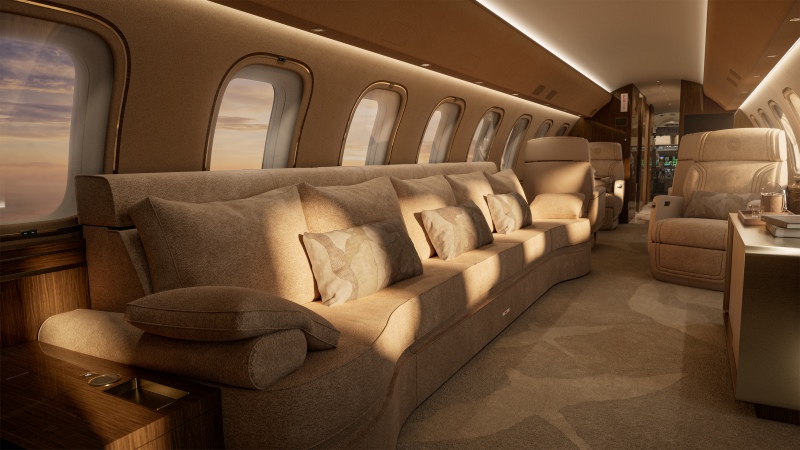Área social do Bombardier Global 8000 destaca conforto e convivência na aviação executiva premium