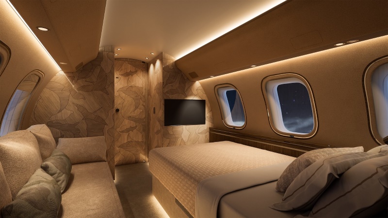 Interior do Bombardier Global 8000 amplia a sensação de espaço e conforto em viagens de longa distância
