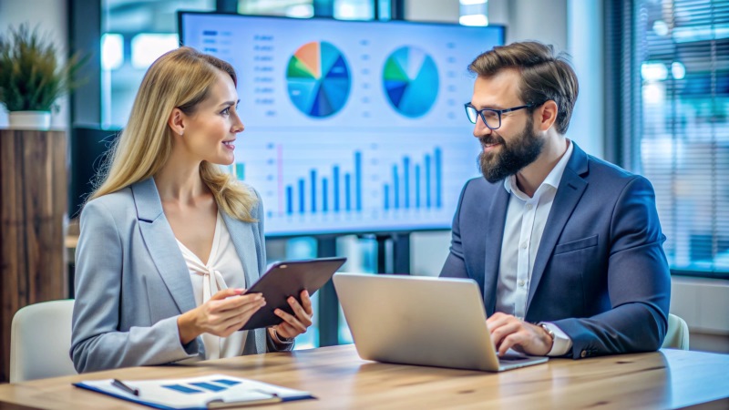 Executivos analisam indicadores e dashboards relacionados à reputação digital, posicionamento de marca e percepção de valor empresarial