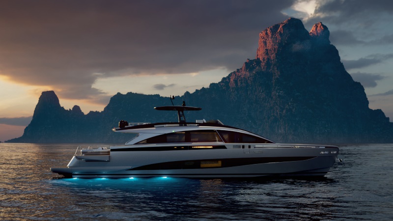 Pershing GTX90 ancorado ao entardecer com cenário de ilha iate de luxo em ambiente de luxo náutico
