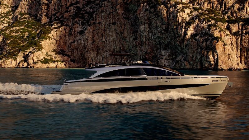 Vista lateral direita do Pershing GTX90 em navegação iate de luxo com design italiano e alta performance