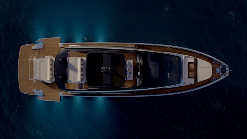 Vista aérea do Pershing GTX90 mostrando layout amplo de iate esportivo de luxo com design italiano