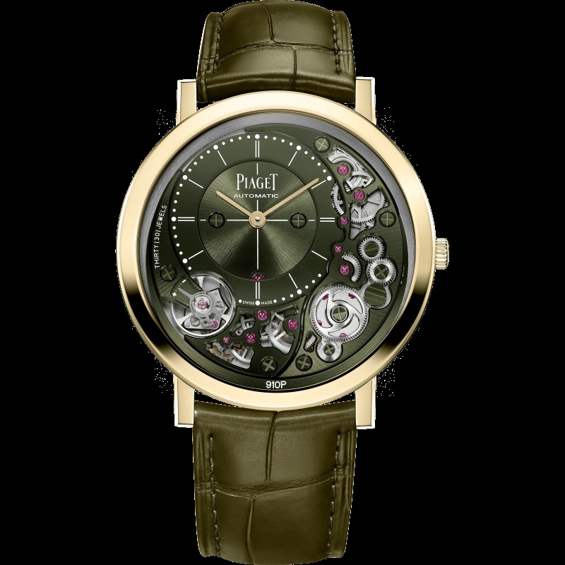 Close do relógio Piaget Altiplano ouro amarelo ultrafino automático mostrando detalhes do mostrador em alta relojoaria suíça