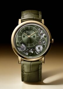 Relógio Piaget Altiplano ouro amarelo ultrafino automático vertical centralizado em fundo de luxo com design suíço de alta relojoaria