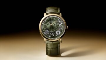 Relógio Piaget Altiplano ouro amarelo ultrafino automático vertical centralizado em fundo de luxo com design suíço de alta relojoaria