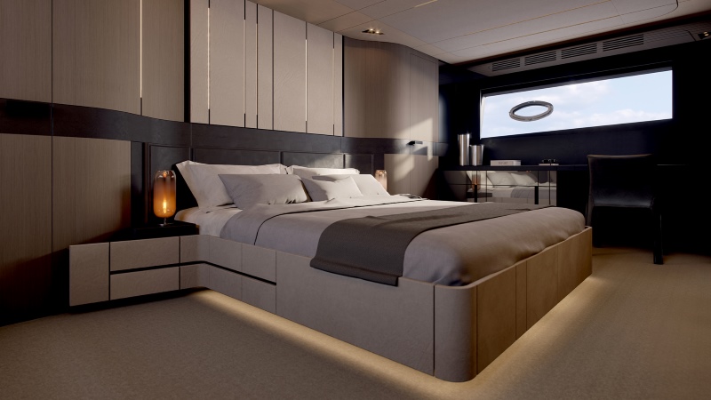 Suíte master do Pershing GTX90 com cama em destaque e acabamento de luxo em iate italiano