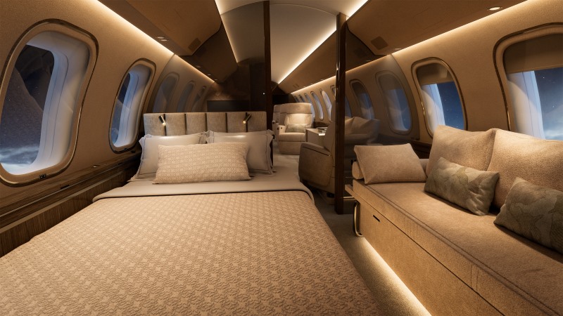 Área de descanso do Bombardier Global 8000 combina design sofisticado conforto e exclusividade