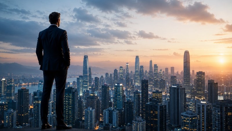 Executivo observa uma grande cidade do alto enquanto reflete sobre posicionamento estratégico, crescimento e liderança corporativa