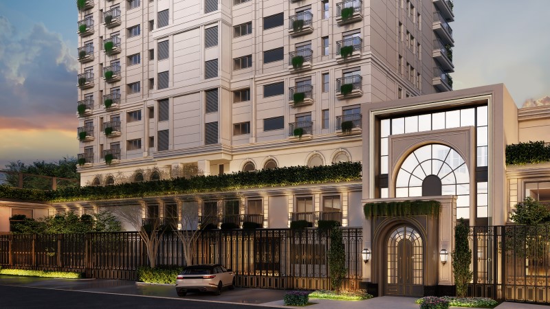 Entrada principal do Château Jardin com acesso ao condomínio de luxo em São Paulo