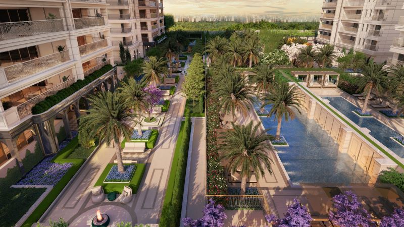 Área de lazer do Château Jardin com piscinas e paisagismo integrado