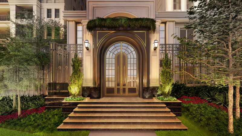Portal de entrada do Château Jardin destaca arquitetura clássica e acabamento sofisticado
