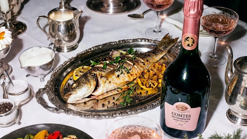 Comtes de Champagne Rosé harmonizado com peixe assado em alta gastronomia francesa