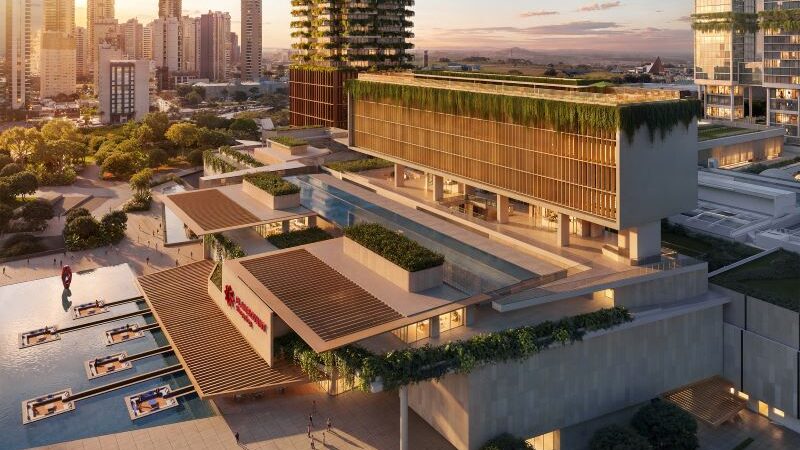 Perspectiva do rooftop do novo empreendimento de uso misto do Flamboyant em Goiânia com projeto de desenvolvimento imobiliário