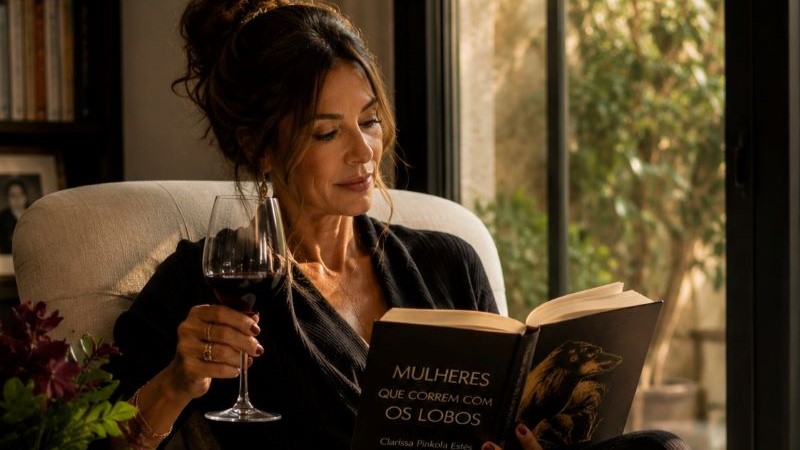 Mulher lendo livro com taça de vinho representando qualidade de vida luxo da maturidade e bem estar
