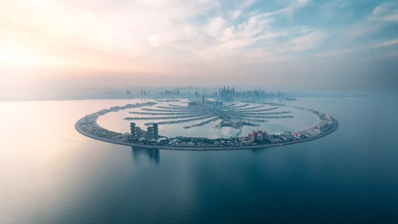 Vista aérea da Palm Jumeirah em Dubai onde está localizado o resort Atlantis The Royal