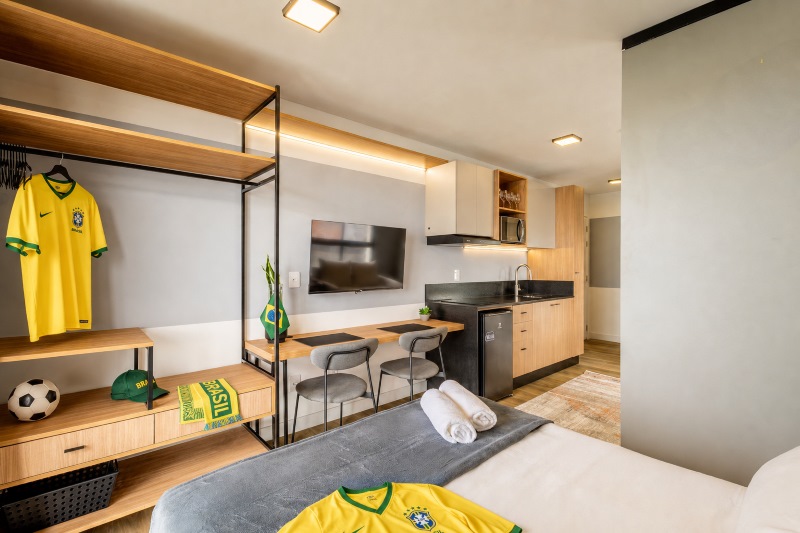 Quarto studio preparado para receber turistas durante a Copa do Mundo 2026 no mercado de aluguel por temporada