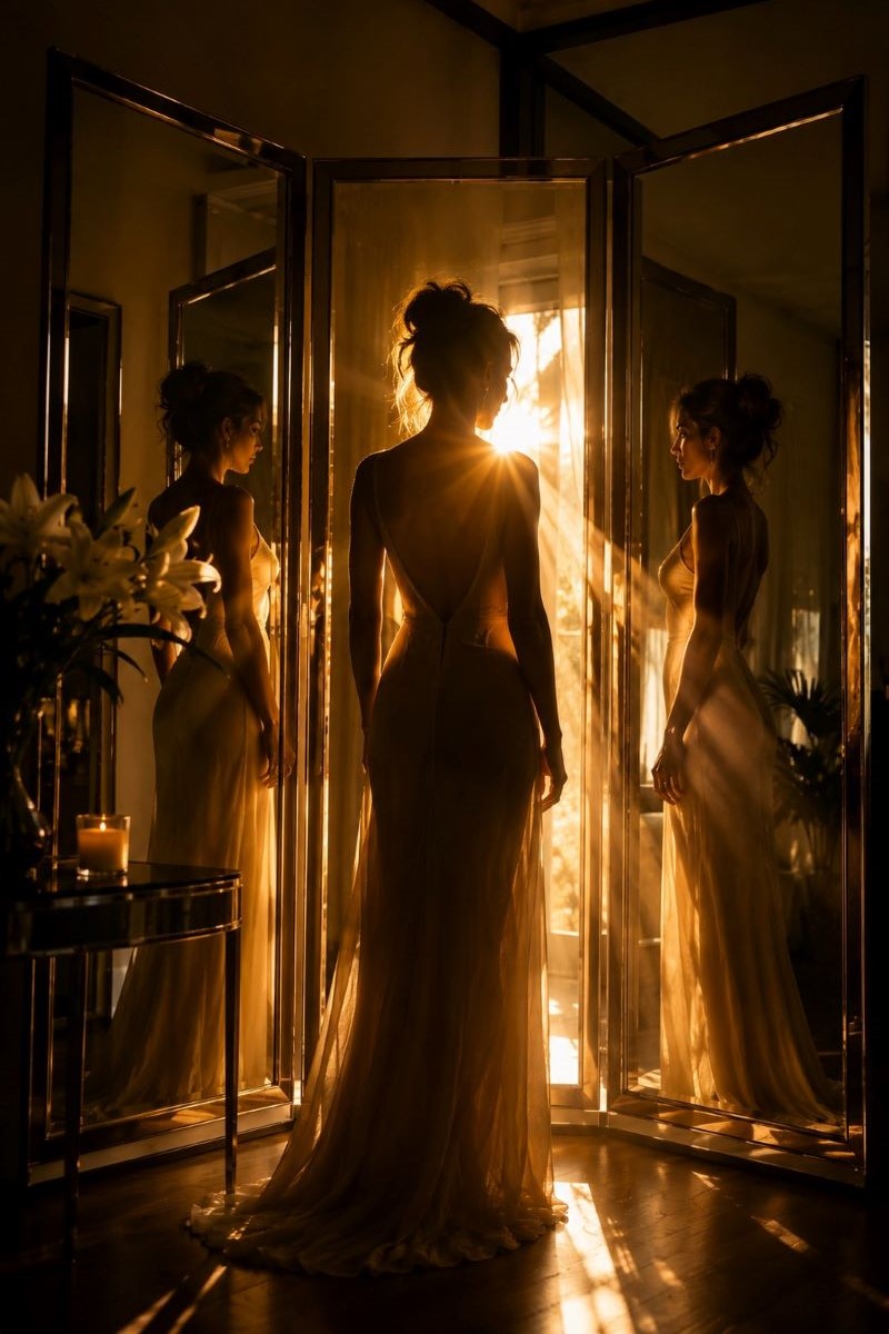Mulher diante do espelho refletindo sobre identidade elegância maturidade e luxo sem ostentação
