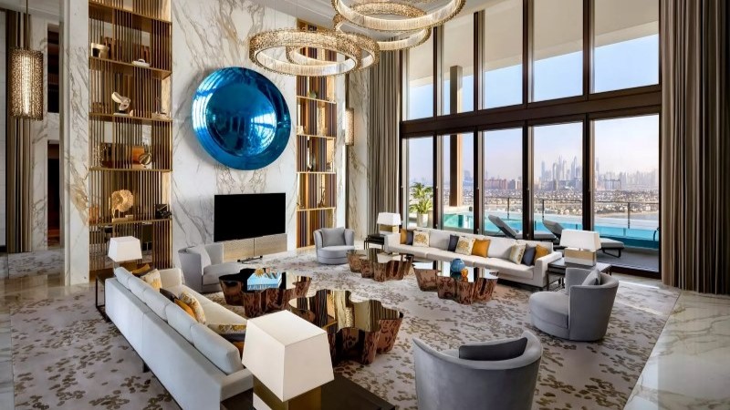 Royal Mansion Atlantis The Royal Dubai sala de estar luxuosa com mobiliário sofisticado