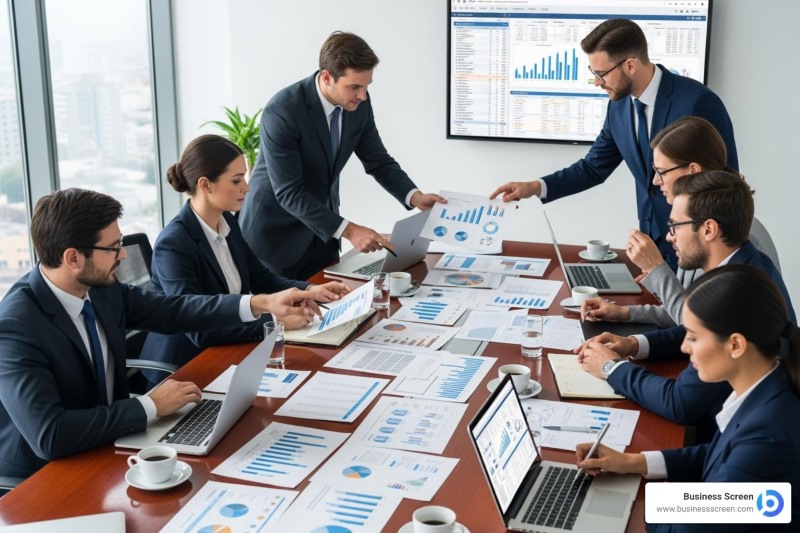 Investidores analisam graficos da empresa numa reunião