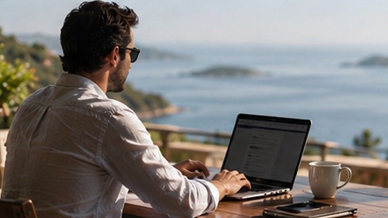 Tempo como Luxo ao Executivo trabalhando com notebook diante do mar em ambiente de resort
