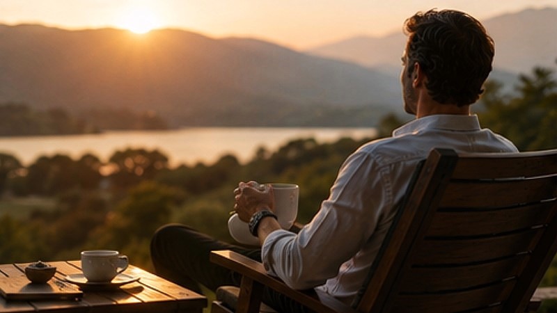 Executivo tomando café diante de um lago ao pôr do sol