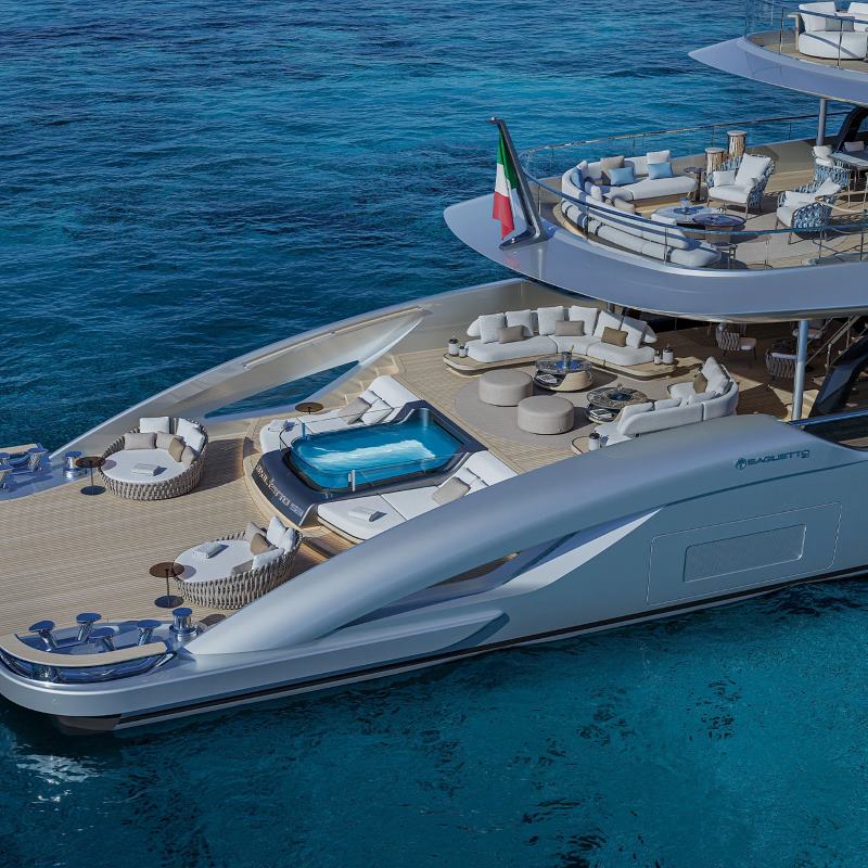 Baglietto Project53 visto de cima com deck de popa e flybridge