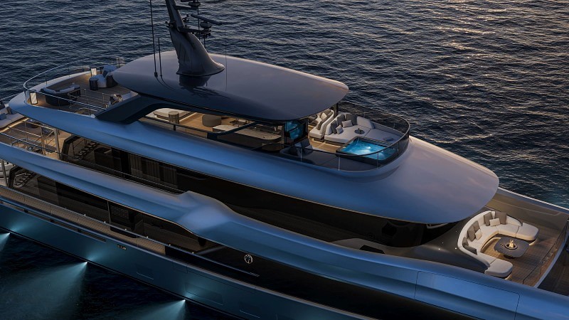 Baglietto Project53 visto de cima com flybridge e decks