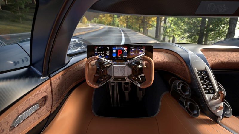 Interior do Bugatti Destrier visto do banco do motorista com painel e console à frente